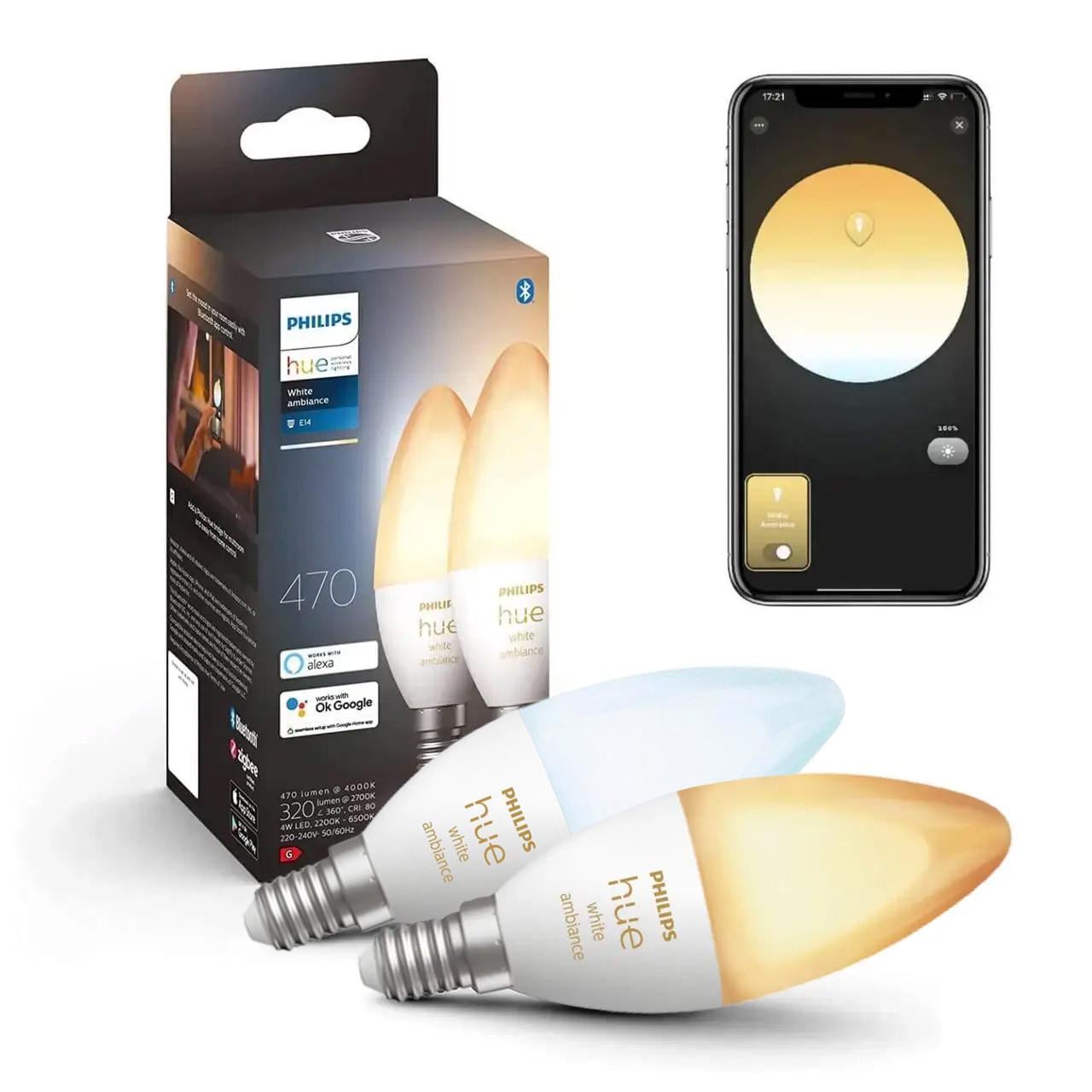 Смарт-лампочки Philips белый LED E14 White Ambiance ZigBee/Bluetooth/Apple HomeKit 470 лм 40 Вт 5,2W 2 шт.