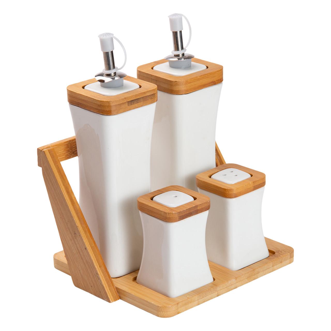 Набір для спецій порцелянаовий 4 предмети на бамбуковій підставці (HP-1221) - фото 2