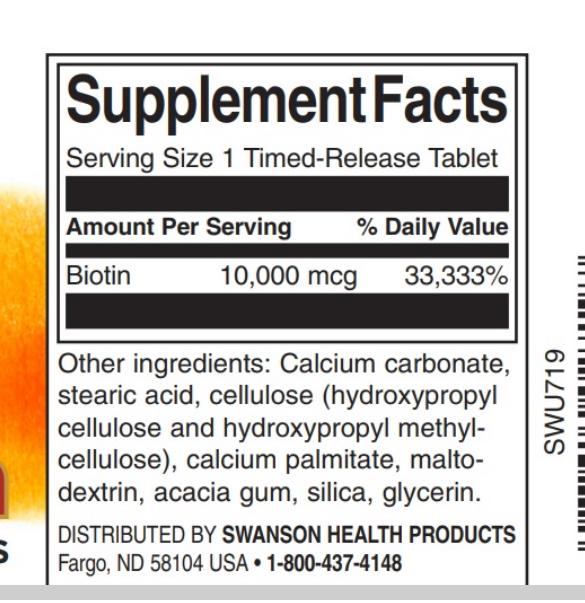 Биотин Swanson Biotin Timed Release 10000 mcg 60 Tabs - фото 2