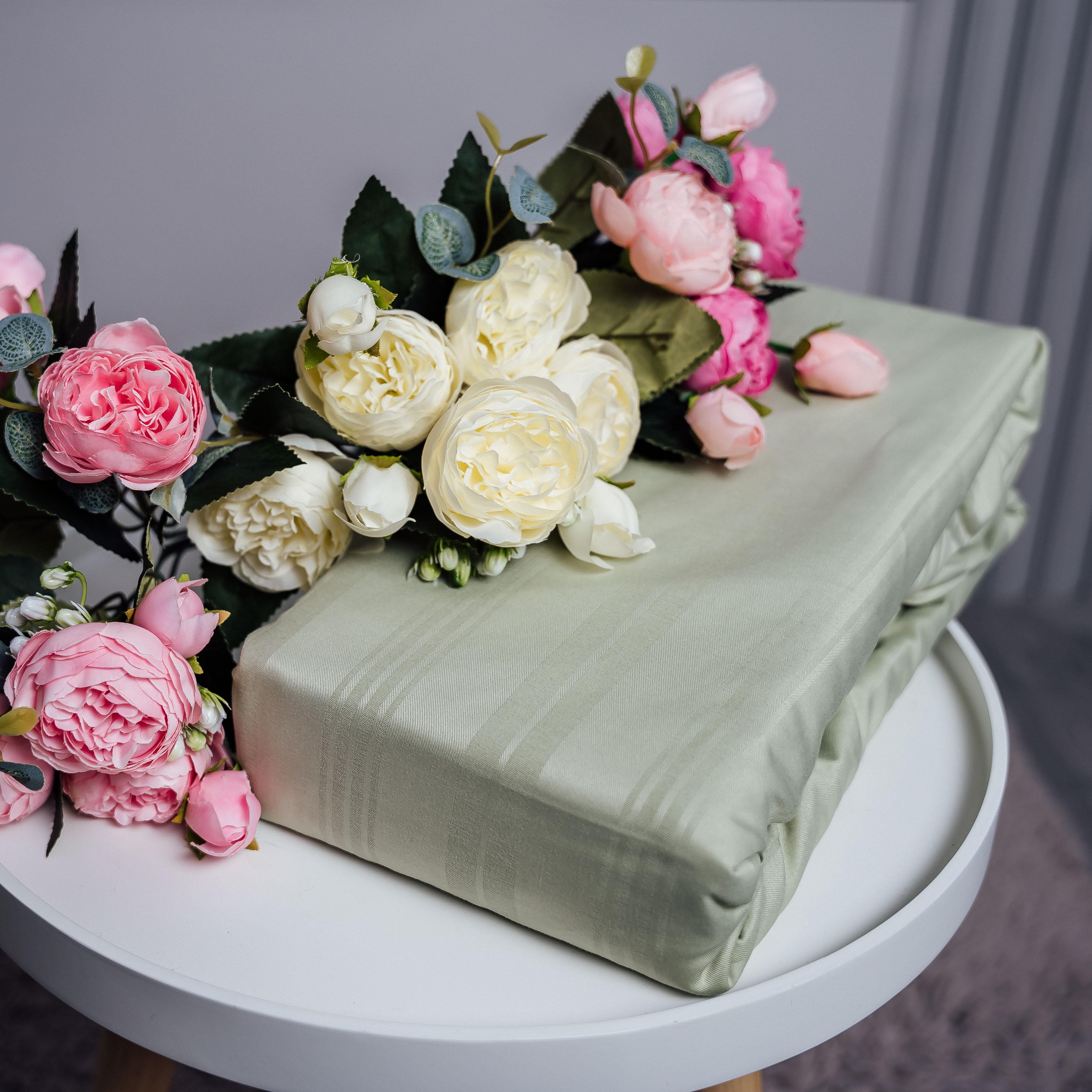 Наматрасник на резинке однотонный широкая полутораспальный полоска 160х200 см Оливково-зеленый (87260)