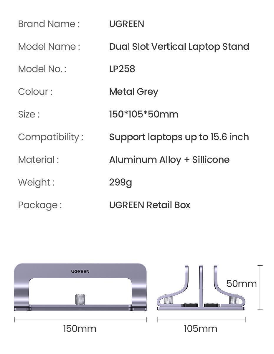 Підставка вертикальна для ноутбука UGREEN два слоти До 17.3" Сірий металік (60643) - фото 10
