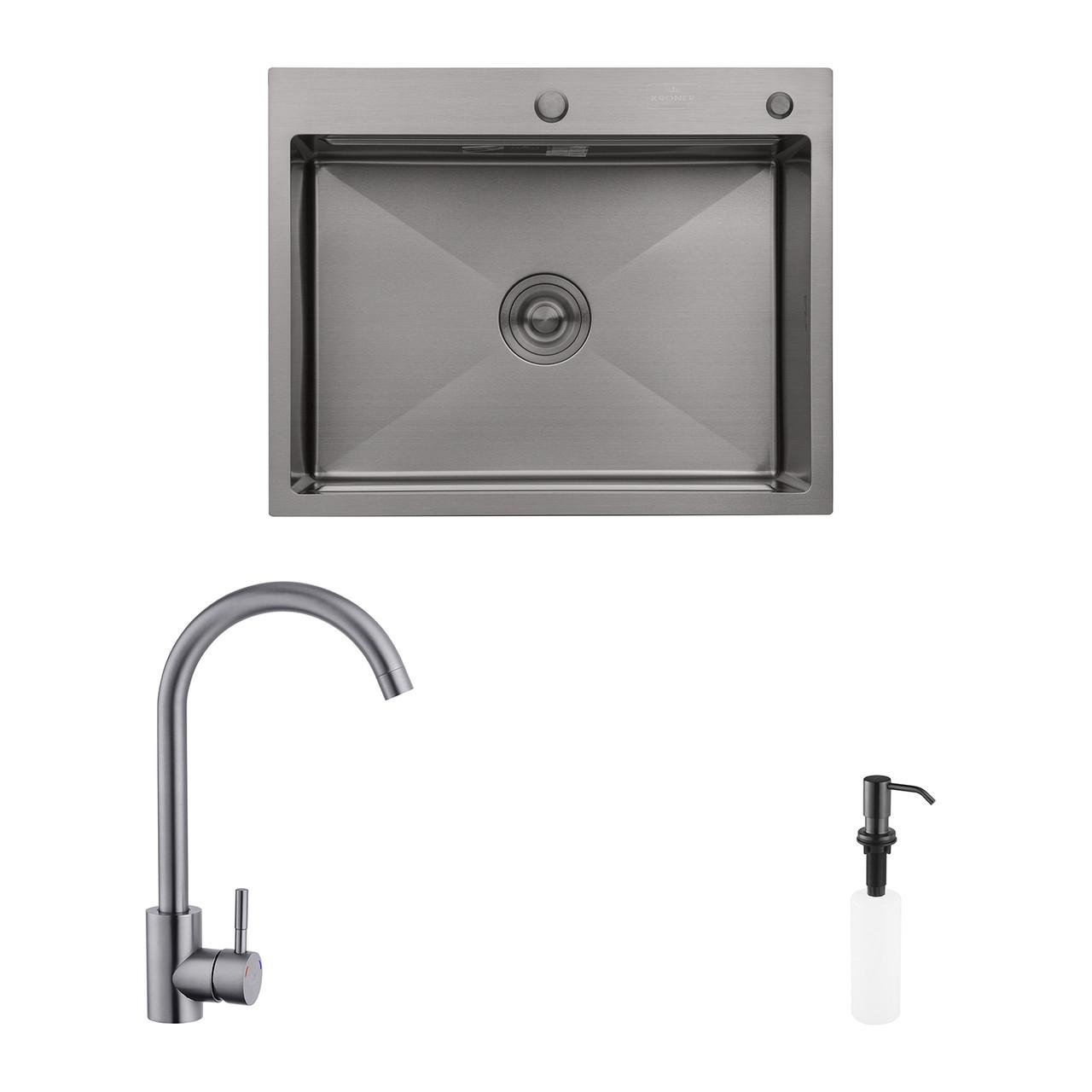 Комплект кухонна мийка Kroner Schwarze-6350HM PVD/змішувач Edelstahl Klassisch-SCH035PVD/дозатор (2669564688)