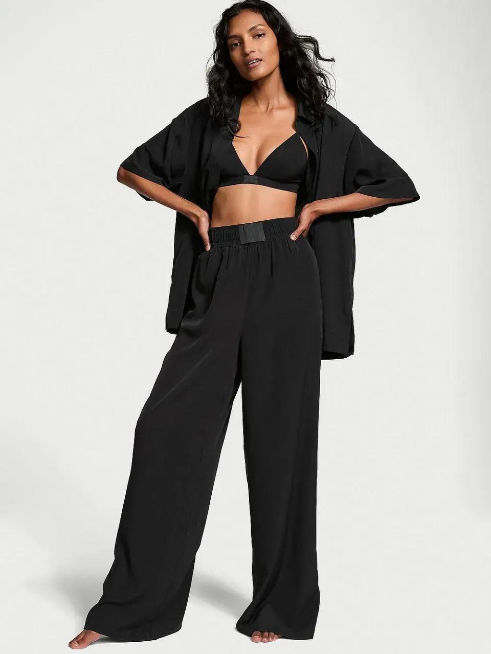 Піжама сорочка/штани Victoria's Secret Luxe Crepe Sleep Set XL Чорний (26811425D)