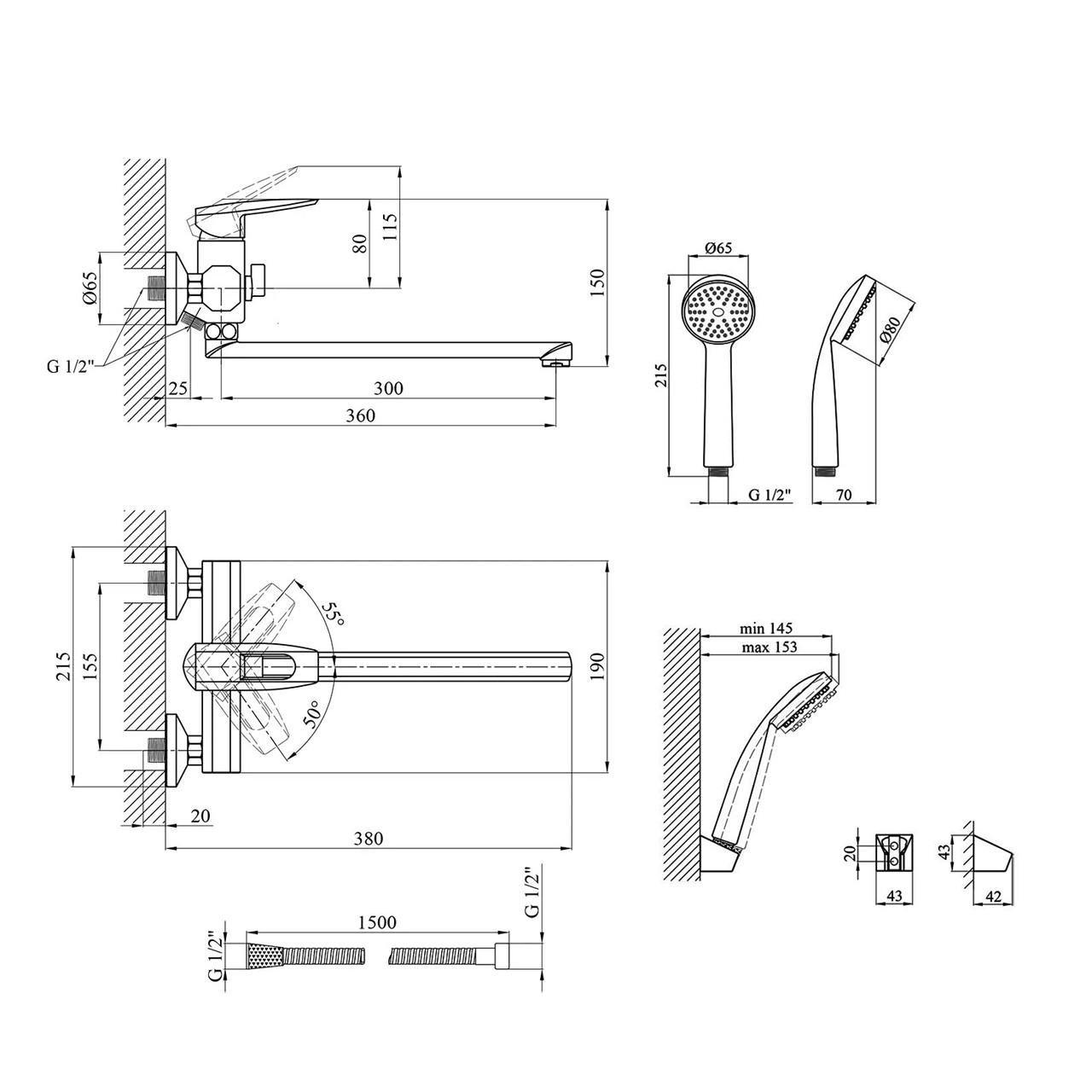Змішувач кран для ванни з душем WAL GMT2-A133DR довгий вилив (2493753028) - фото 2
