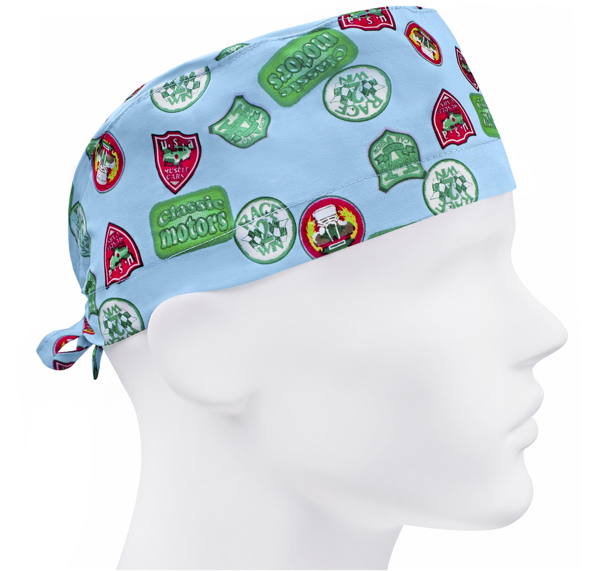 Шапочка медицинская мужская FloralScrubs Эмблемы на голубом универсальная (М018)