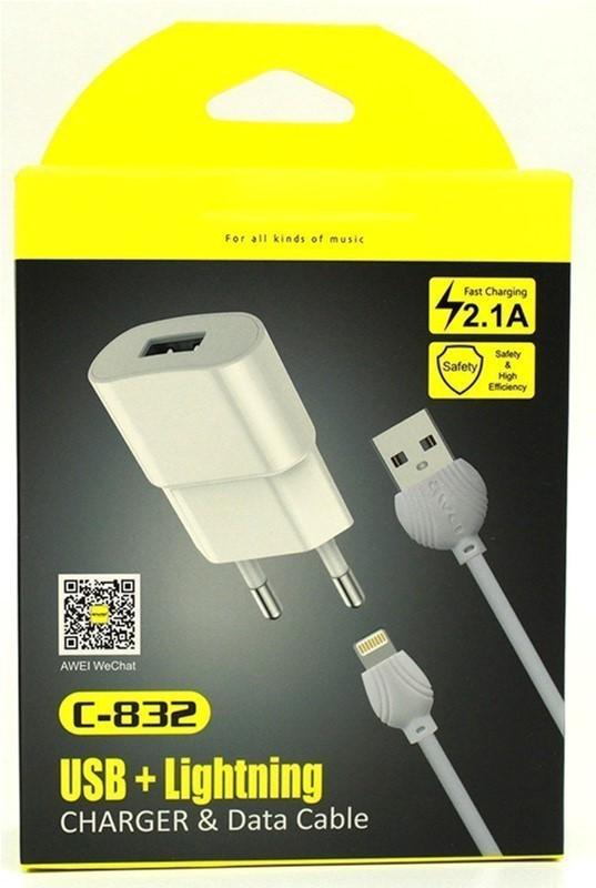 Адаптер сетевой зарядное устройство AWEI Lightning cable C-832 1USB 2.1A - фото 2