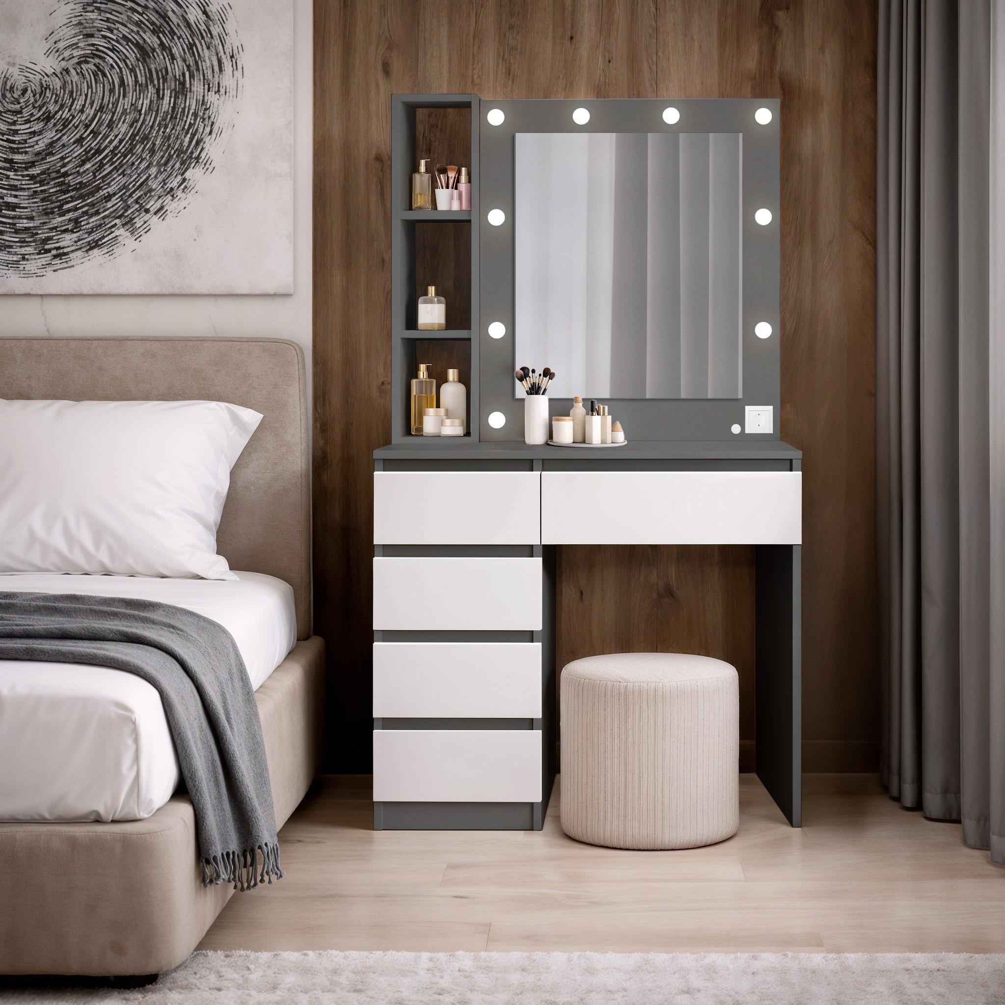 Туалетний столик із лампочками Visage №1 900х500х1600 мм Графіт/Білий