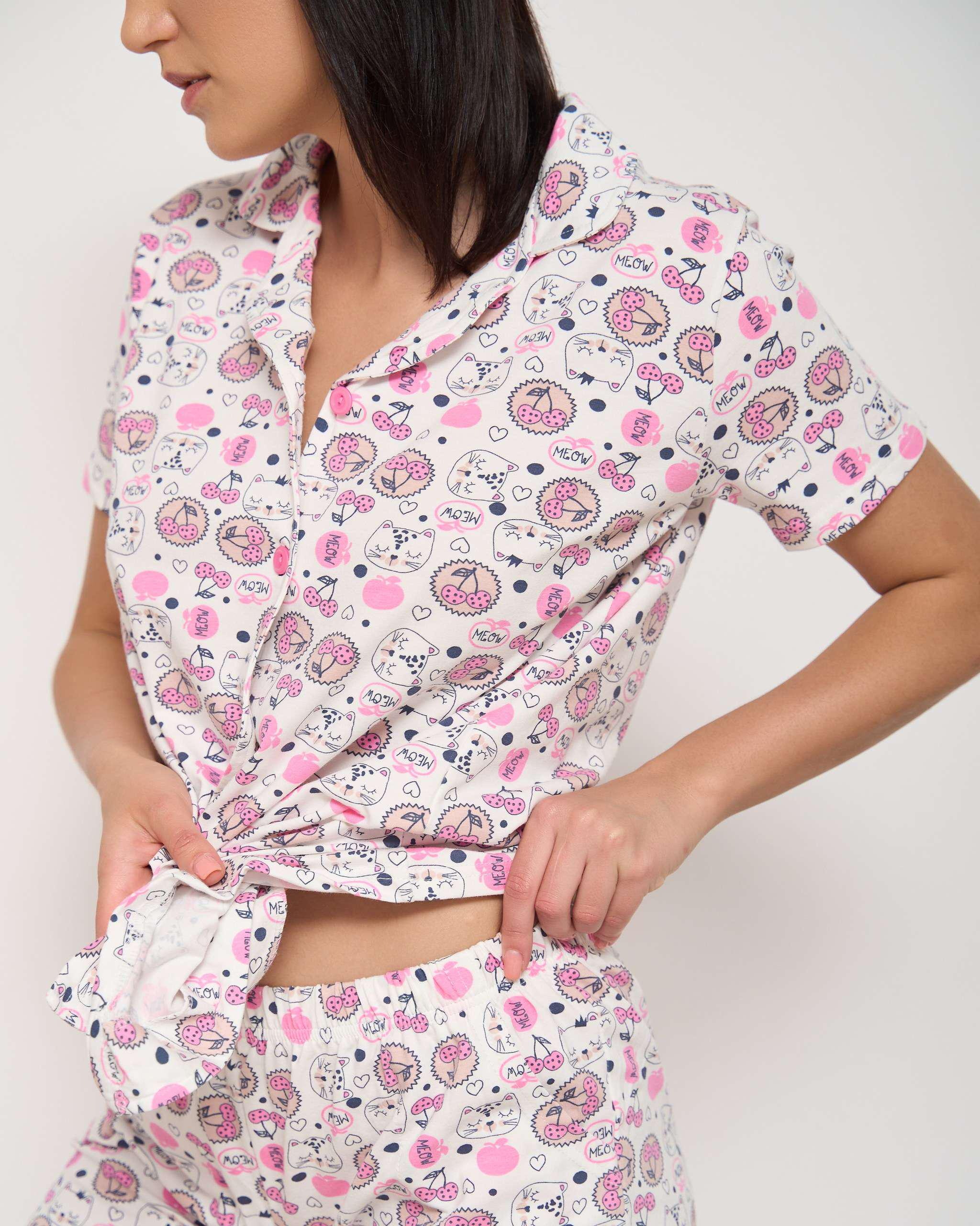 Пижама женская рубашка и шорты Кошки и вишенки L Белый (60184) - фото 3