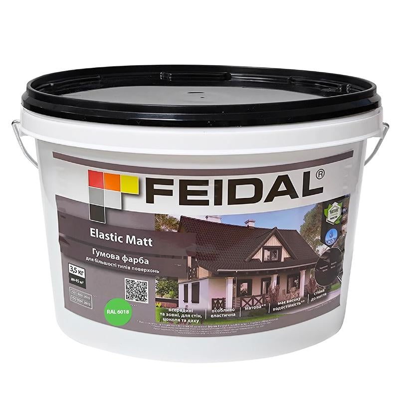 Краска Feidal Elastic Matt резиновая матовая устойчивая к влаге/трещинам и УФ 6 кг RAL 6018 Светло-зеленый - фото 1 Краска Feidal Elastic Matt резиновая матовая устойчивая к влаге/трещинам и УФ 6 кг RAL 6018 Светло-зеленый - фото 1