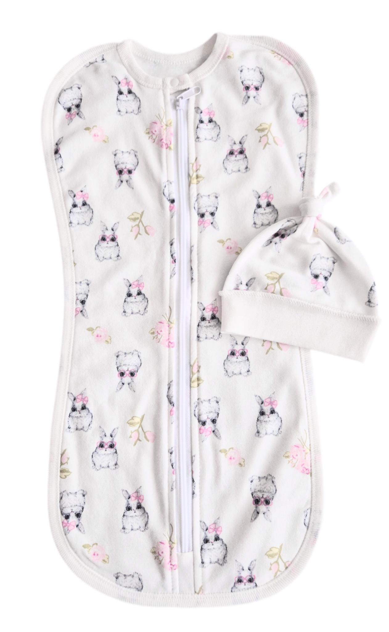 Пеленка-кокон на молнии с шапочкой №113 Зайчик в розовых очках евро байка 0-6 мес. Молочный с розовым (144062)
