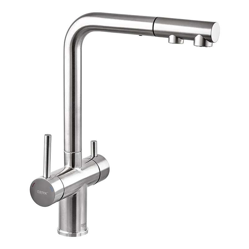 Смеситель для кухни Zerix ZX5555 LUX-024 на две воды с выдвижной лейкой Нержавеющая сталь (ZX5555)