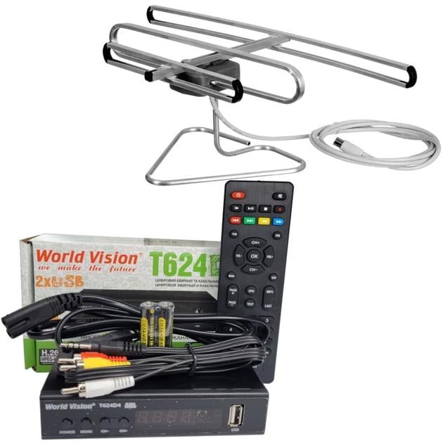Тюнер World Vision T624D4 IPTV+/антенна улучшенная комнатная с тв-кабелем