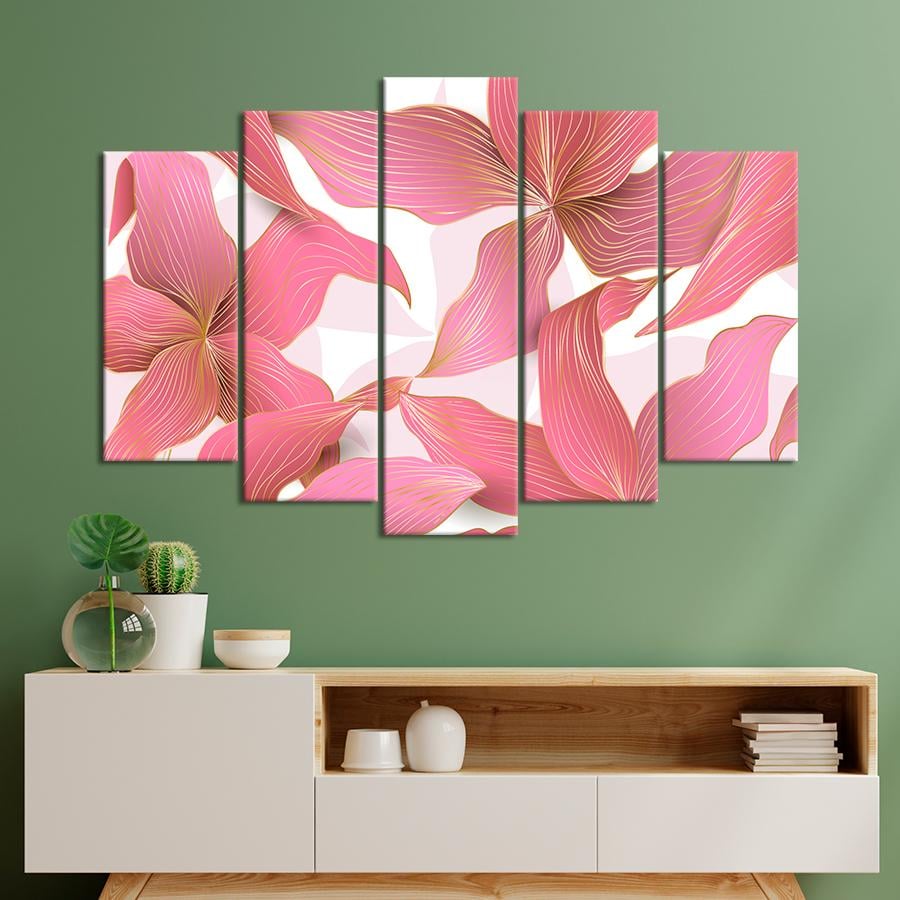 Картина на полотні Рожеве листя із золотими лініями на білому тлі 137x85 см (V566-5_L)