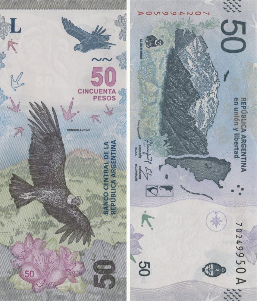 Колекційна банкнота Аргентина 50 песо 2018 UNC Птах-Кондор (Б10069)