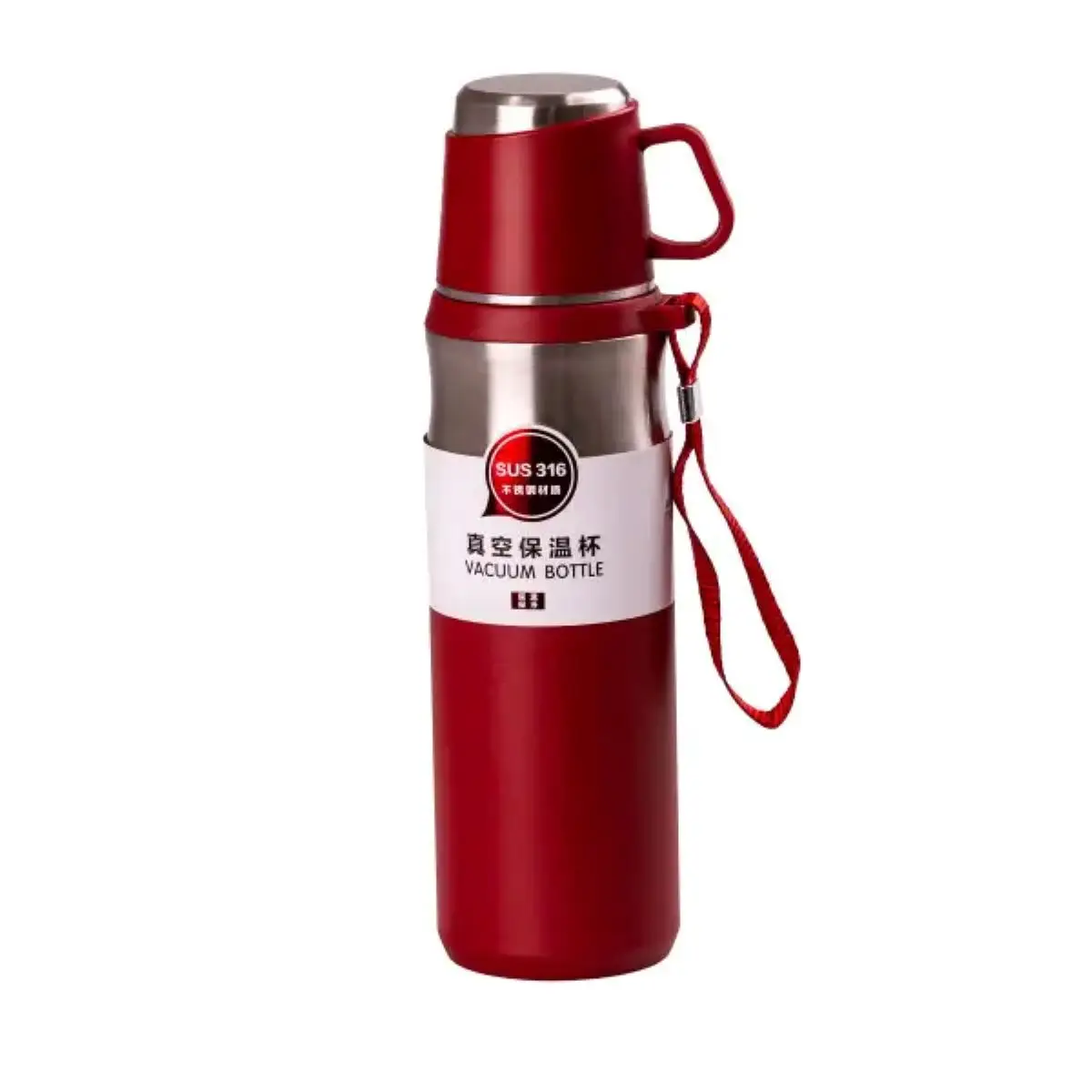 Термос с чашкой и ремешком 600 мл с металлической колбой Красный (HPGM80155R)