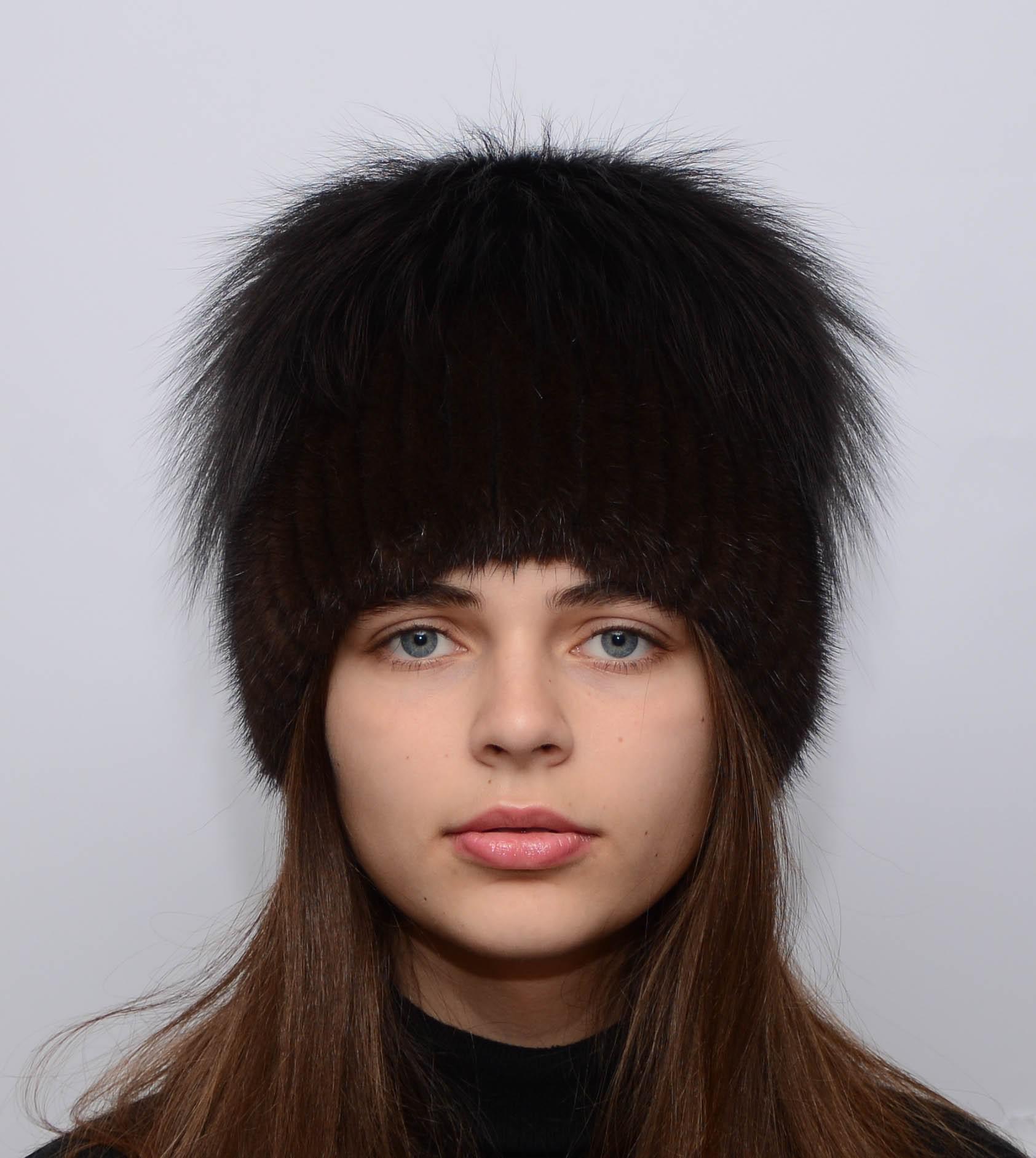 Зимняя шапка Меховой стиль Звездочка из вязаной норки натуральный мех XL-XXL Коричневый (100/D)