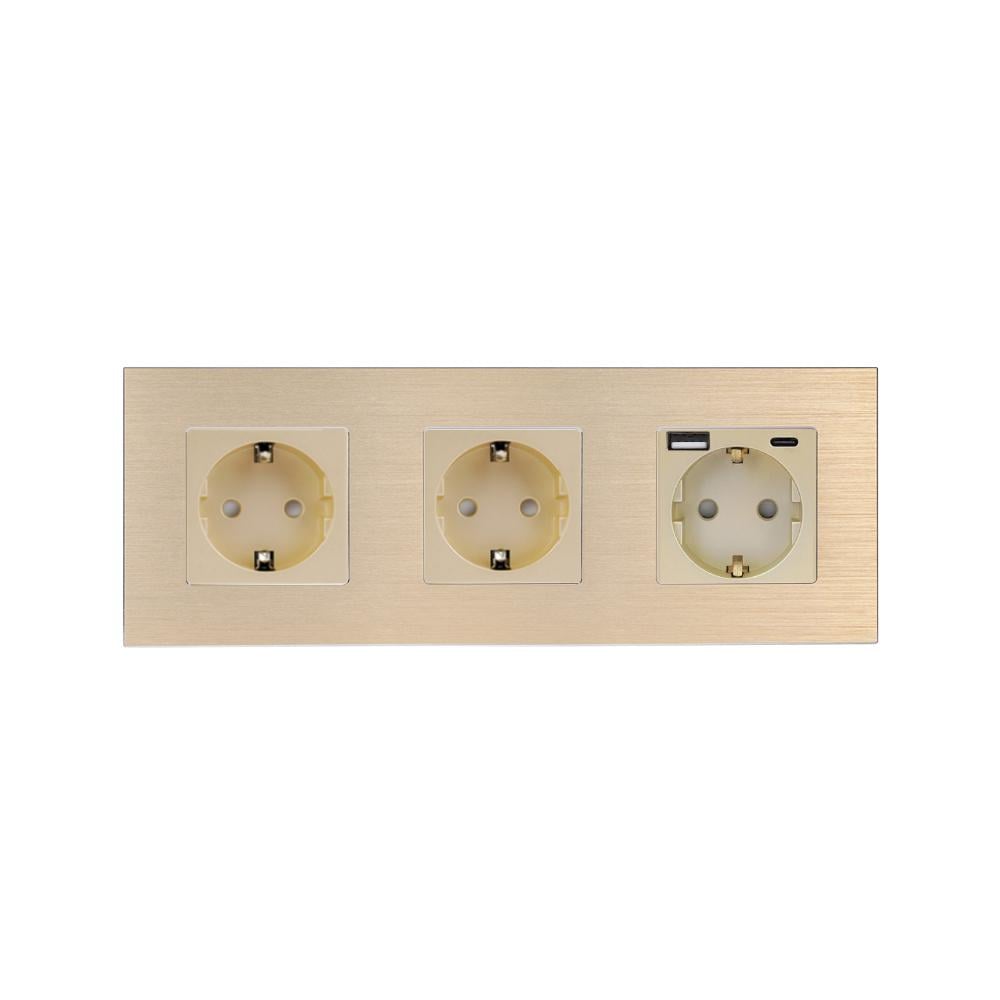 Розетка WALLPAD з USB A+C 20Вт із заземленням/шторками 250В 16А алюмінієва рамка Золотий (WP-M3FGAC-GD)
