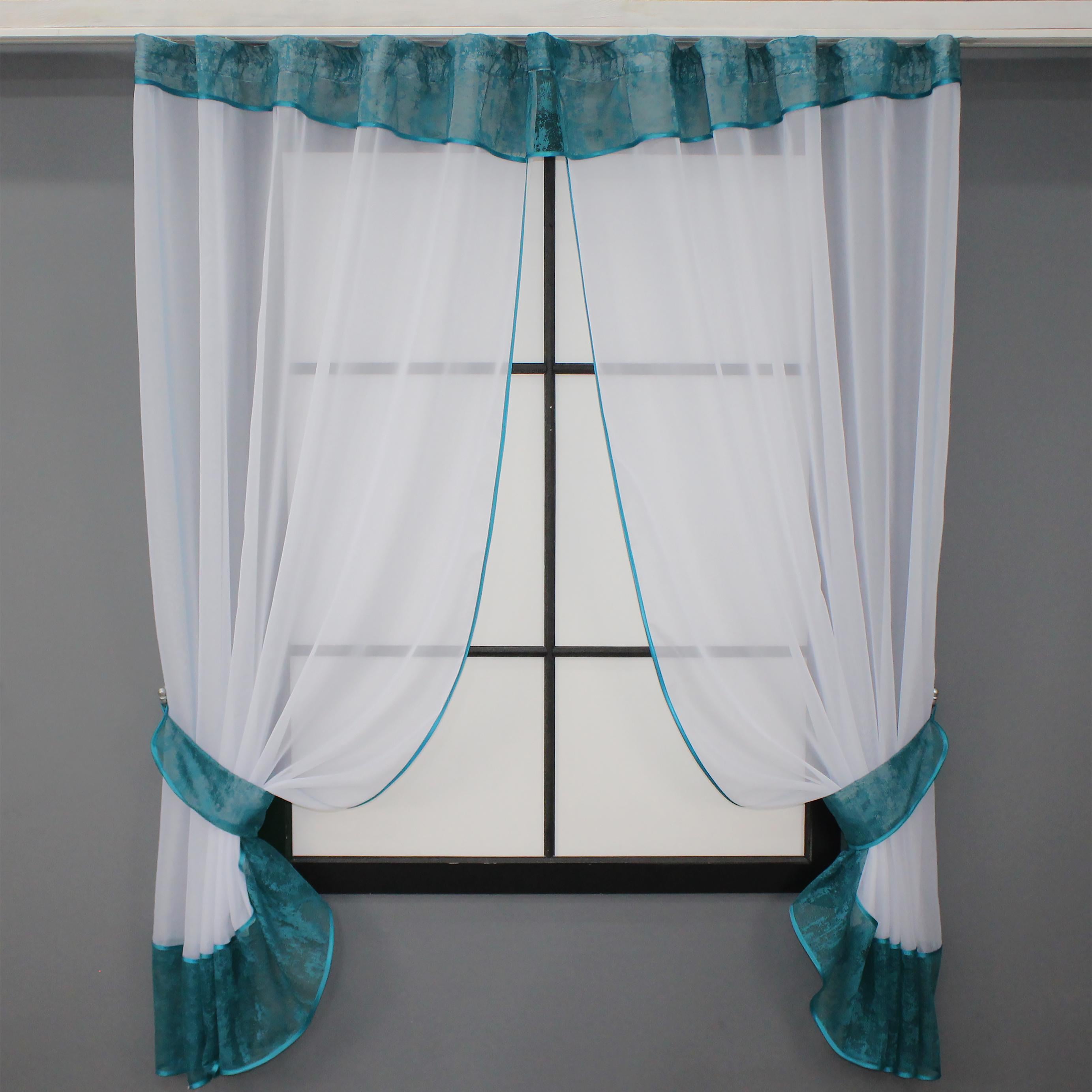 Шторы кухонные VR-Textil № 085к шторки с ламбрекеном 280х170 см Белый/Бирюзовый (52-0916)