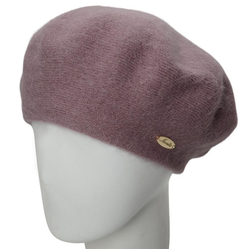 Берет женский Novita Молли ангоровый двойной теплый зимний Сиреневый/Пудровый