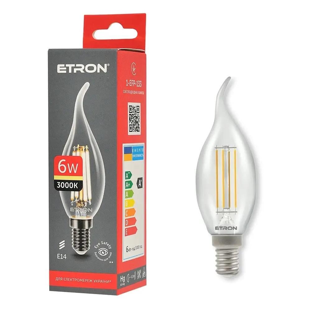 Лампа LED ETRON Filament 1-EFP-133 С37 tailed E14 6W 3000К Прозрачный