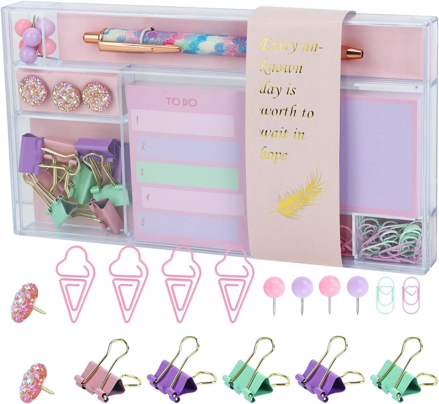 Подарочный набор канцелярии ручка и набор стикеров/биндеров/скрепок в подарочном боксе (JH-OF07)