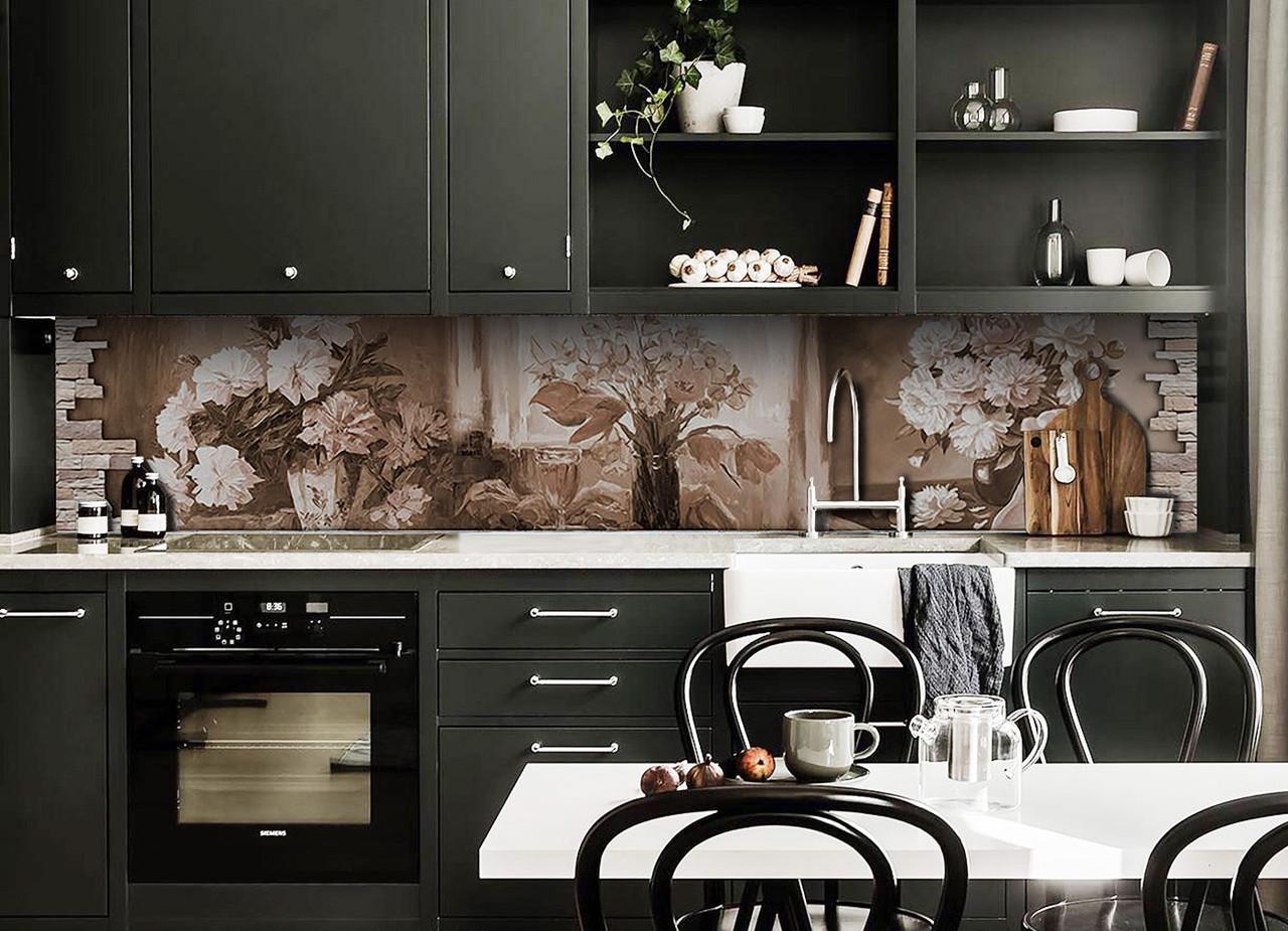 Кухонный фартук Картина пионы ретро кирпичи из самоклеющейся виниловой пленки 60х300 см Бежевый