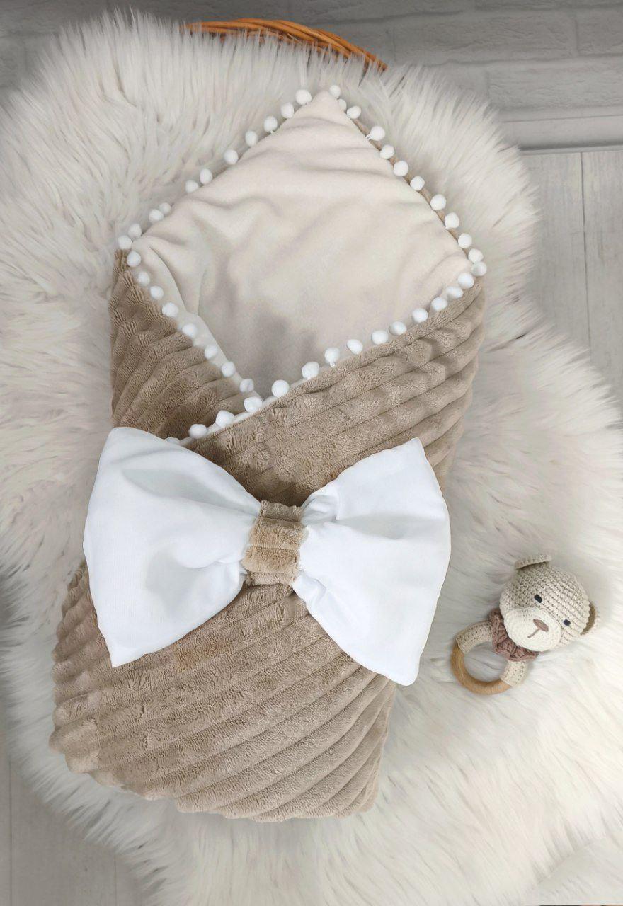 Конверт-одеяло на выписку/в кроватку/в коляску Шиншилка бант-резинка махра Бежевый (Конверт Шиншилка6)