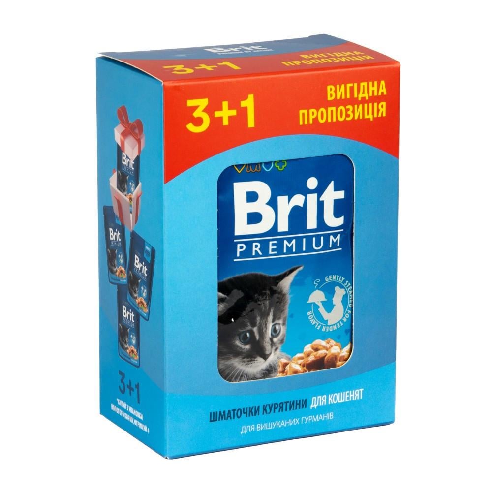 Набір паучів Brit Premium Kitten Chicken Chunks 3+1 для кошенят шматочки в соусі з куркою 100 гх4 шт. (34806756)