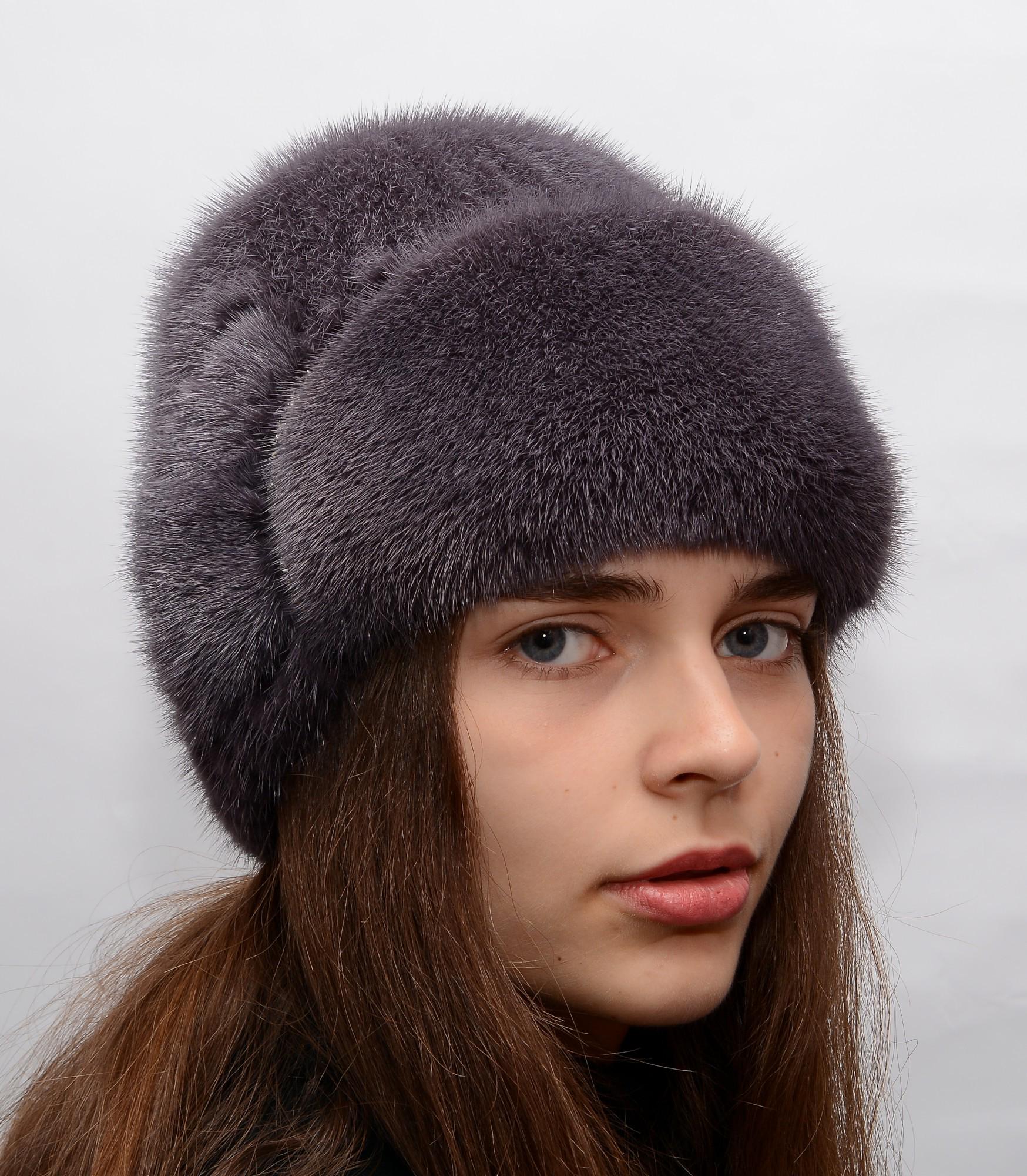 Зимняя женская шапка Меховой стиль Лобик из вязаной натуральной норки M-L Чайная роза (132/M)