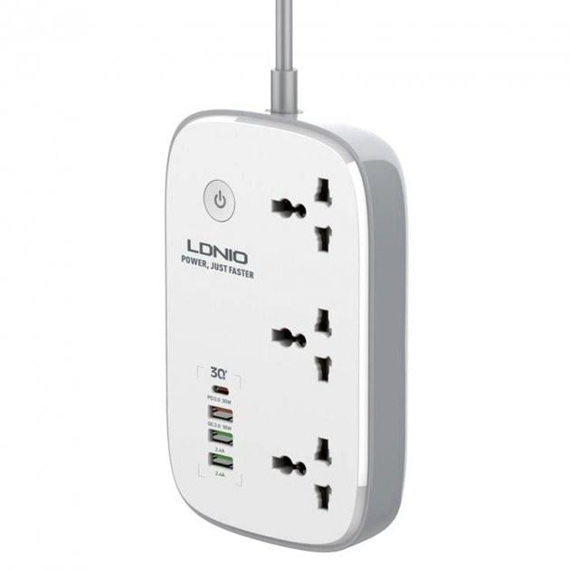 Удлинитель сетевой LDNIO SCW3451 WiFi управление 3USB/1Type-C QC/PD 3A 30W 3 розетки 2500 W 2 м White - фото 1