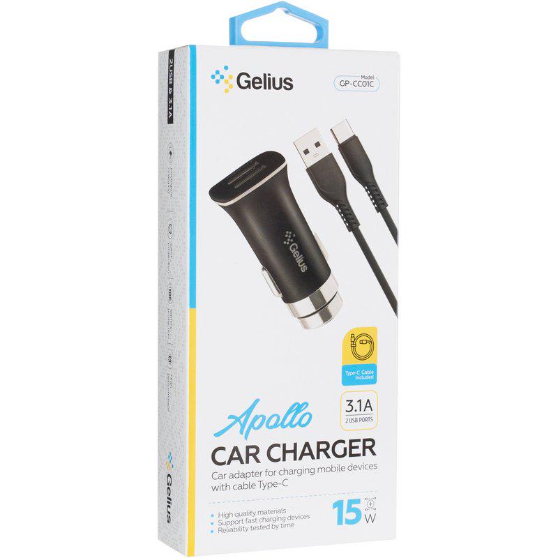 Зарядний пристрій автомобільний Gelius Apollo GP-CC01 2USB 3,1A 15W Type-C Black (92661) - фото 2 Зарядний пристрій автомобільний Gelius Apollo GP-CC01 2USB 3,1A 15W Type-C Black (92661) - фото 2