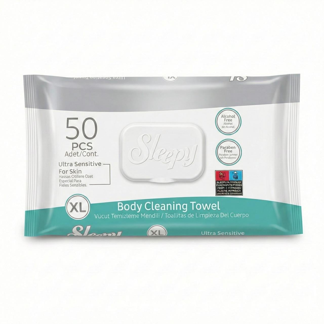 Влажные полотенца большие Sleepy Adult Towels 50 шт. Салфетки для мытья тела в пути