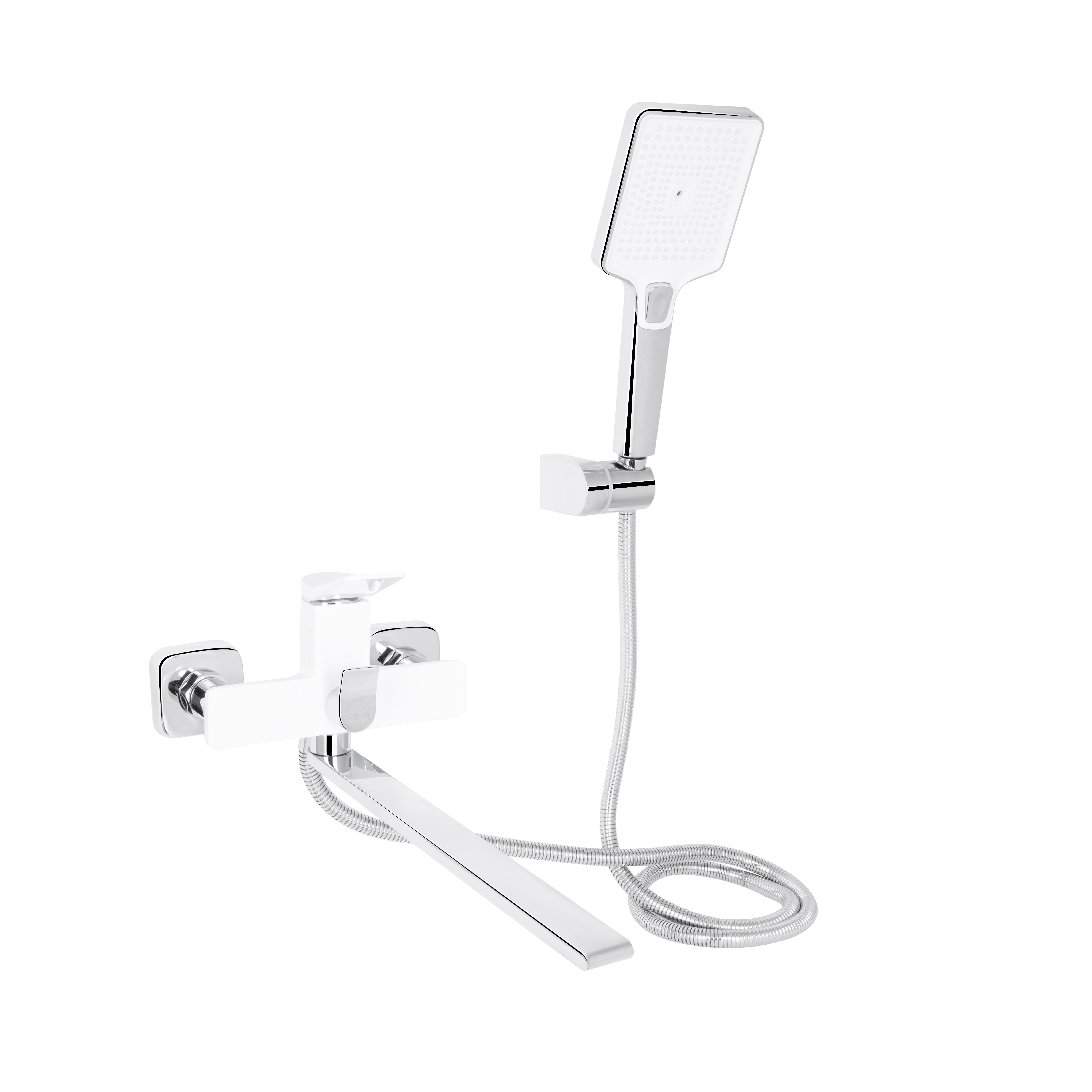 Смеситель для ванны Qtap Presto с длинным поворотным изливом с душевым гарнитуром Chrome/White (QTPRE2601CRW45578)