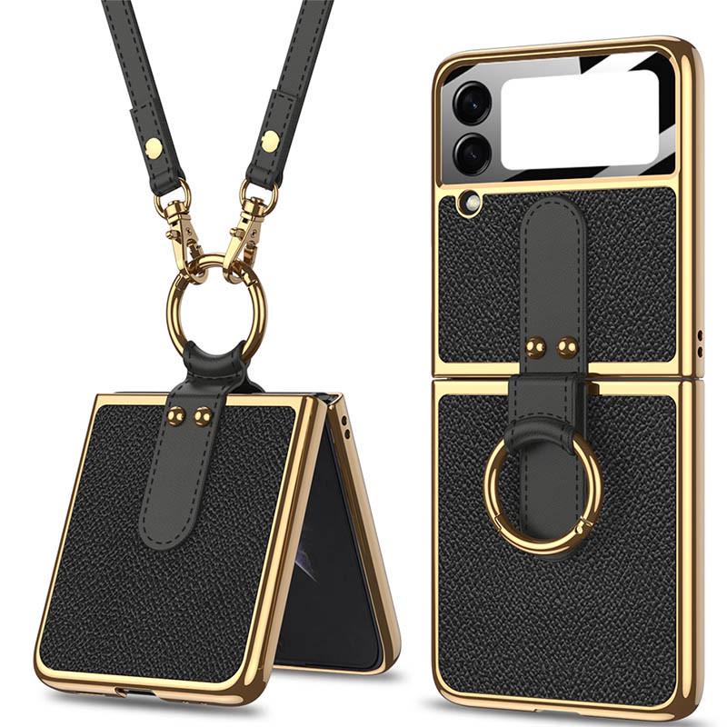 Противоударный кожаный чехол GKK with ring and strap для Samsung Galaxy Z Flip4 Black