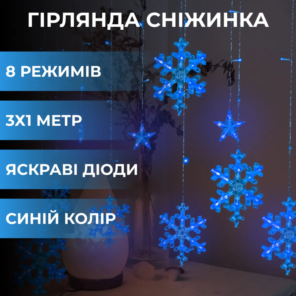 Гірлянда-штора GarlandoPro 1733062BL Зірки та сніжинки 3х1 м 12 фігур із ПВХ Синій (118-107-1733062BL) - фото 3