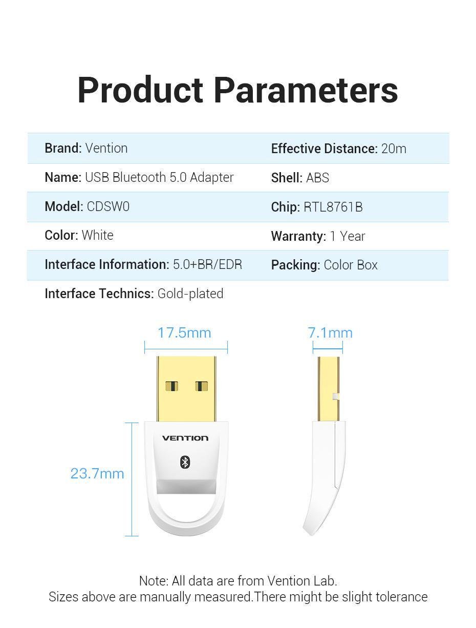 Адаптер Vention Bluetooth 5.0 приймач-передавач USB Білий (CDSW0) - фото 9
