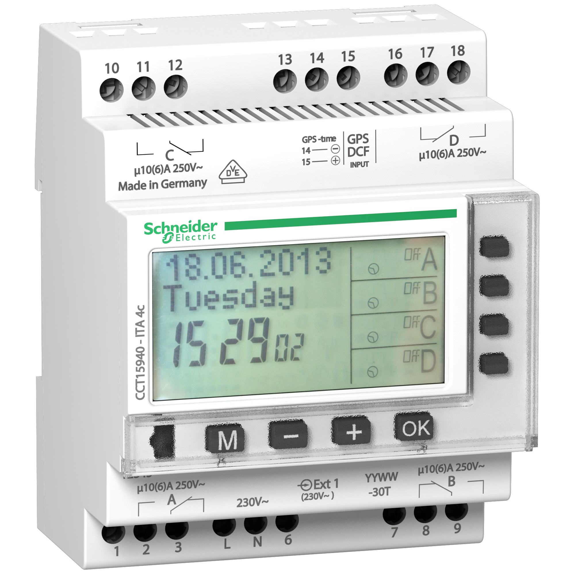 Таймер электронный многофункциональный Schneider Electric Acti9 ITA 10A 230V AC 4 канала годовой (CCT15940)