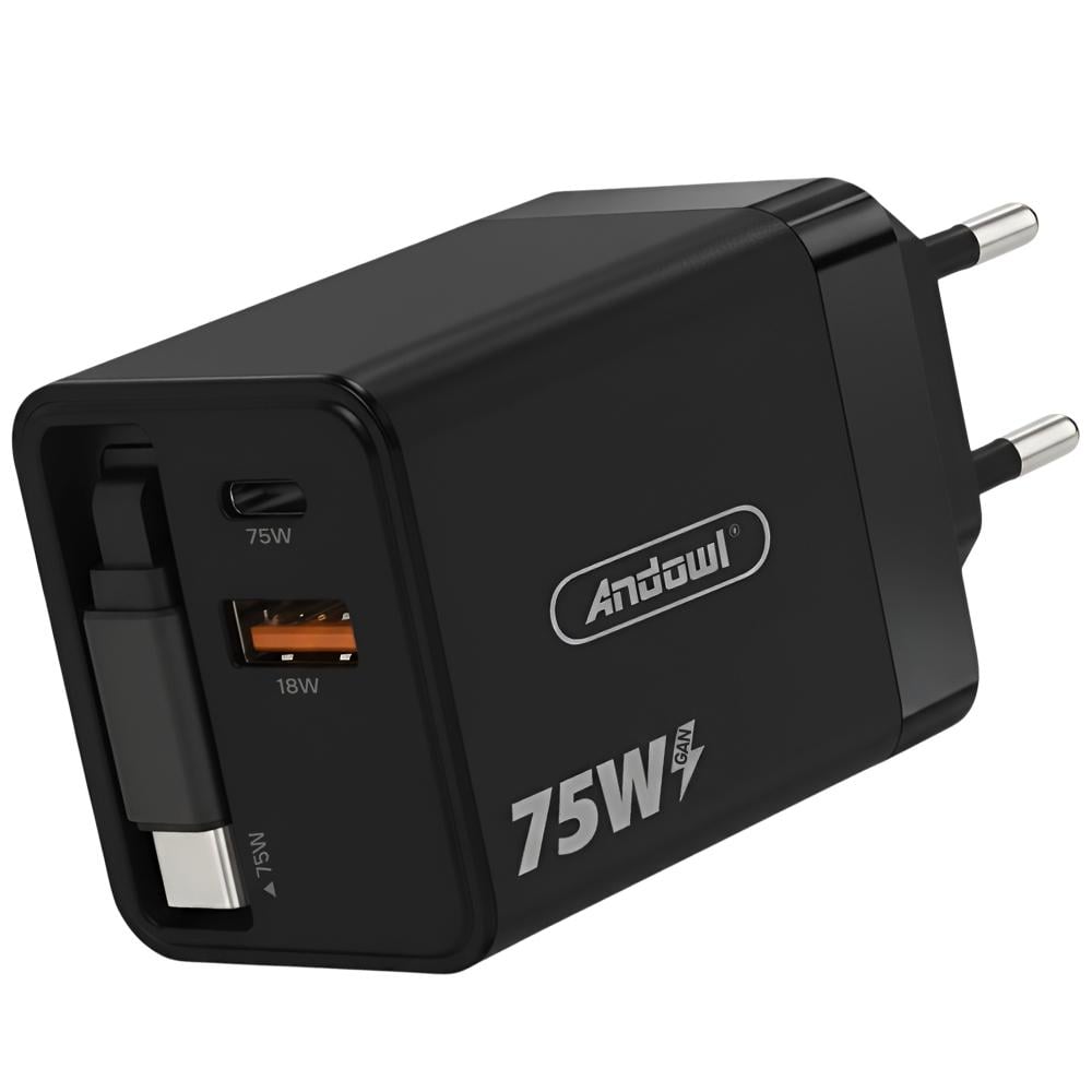 Зарядное устройство для Andowl Q-CD09X1 gan power delivery USB со встроенным кабелем Type-C 75W Черный (f4133e09)