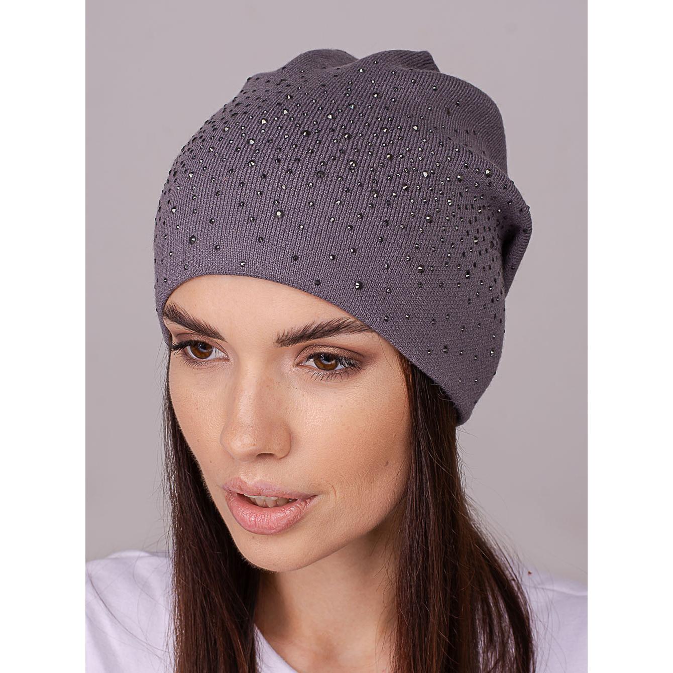 Шапка жіноча Leks ДЕНІМ з додаванням кашеміру ззаду счіплена утеплена флісом та прикрашена стразами one size Антрацит (205441)