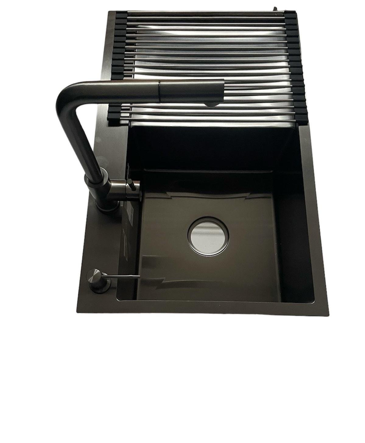 Мойка Kroner 7849LHM левая и смеситель для кухни с выдвижным изливом Kroner PVD03917 Черный