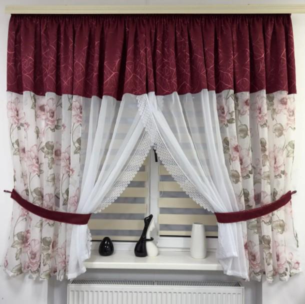 Комплект штор на кухню шифон/батист 550х180 см Белый/Бордовый (465 3)