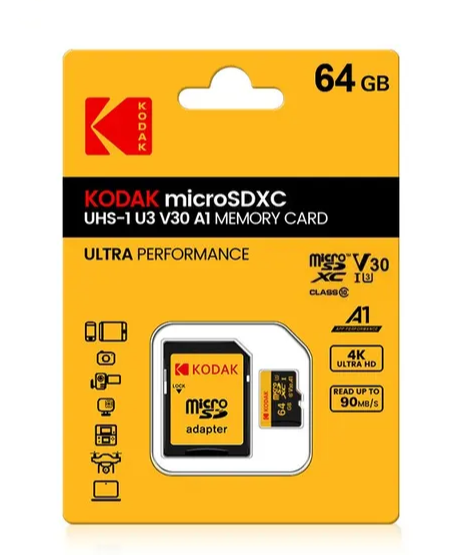 Карта памяти Kodak micro SD 64Gb U3 A1 class 10/адаптер SD