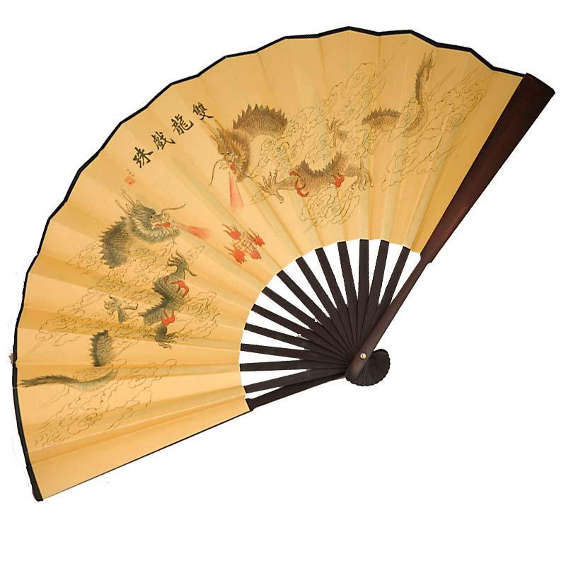 Віяло двостороннє Драконі 33х58 см Бежевий (4639)