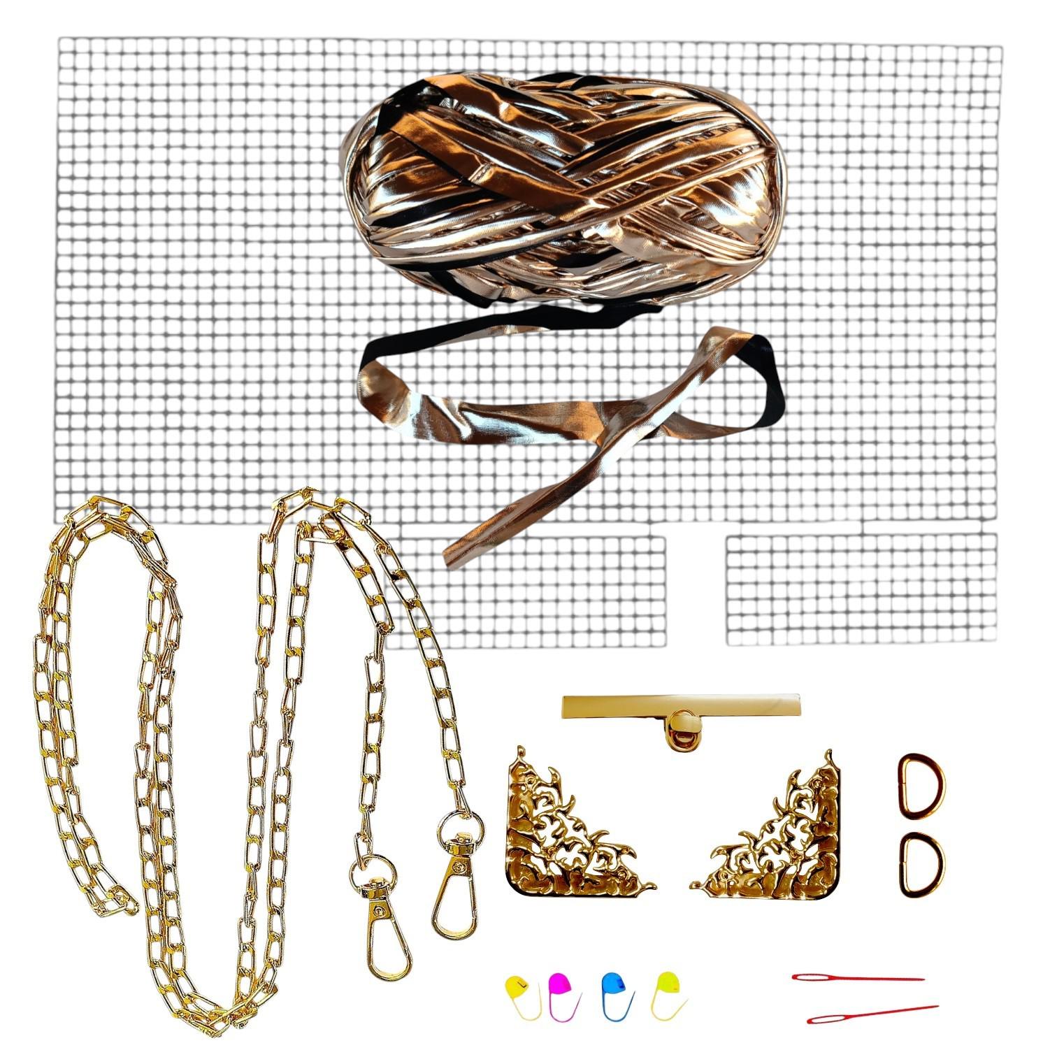 Набор для создания сумки из пластиковой канвы Золотая планка с поворотным замком с нитками металлик Светло-золотой (1543-45) Набор для создания сумки из пластиковой канвы Золотая планка с поворотным замком с нитками металлик Светло-золотой (1543-45)