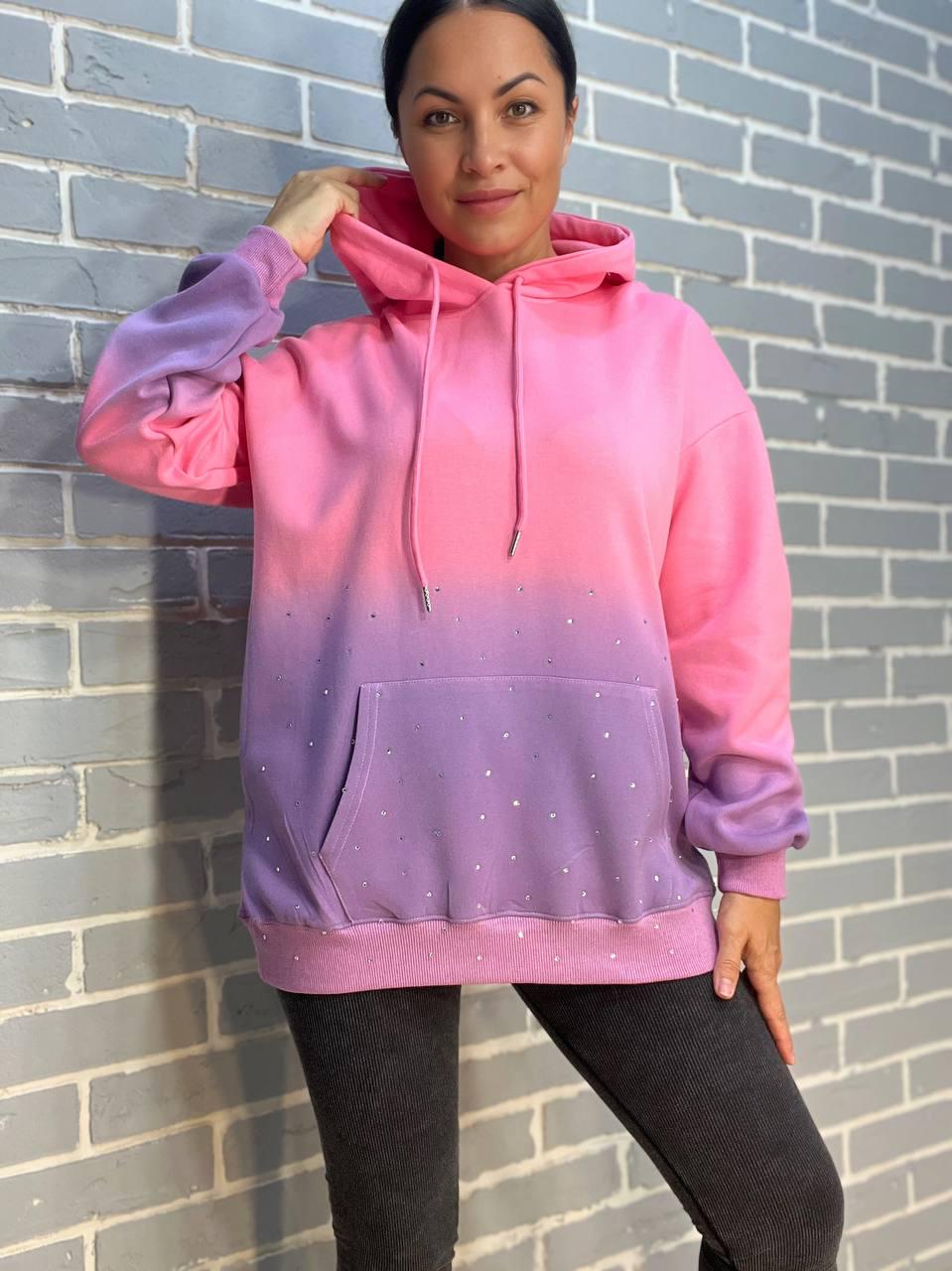 Худі жіноче JOY ONE 3009 з капюшоном подовжене градієнт кольору розсип камінців OS Рожевий (2593) - фото 5