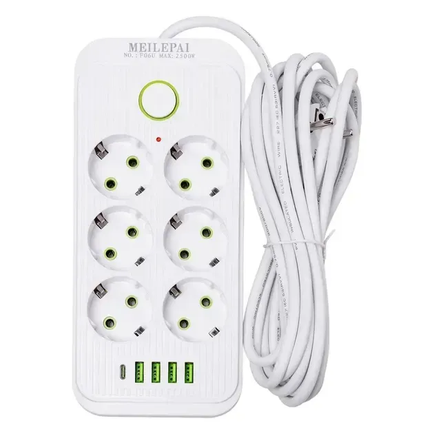 Фильтр-удлинитель PNS-02/D10 на 10 розеток с LED-индикатором 4 USB и PD Type-C 5 м Белый (147-14-17560)