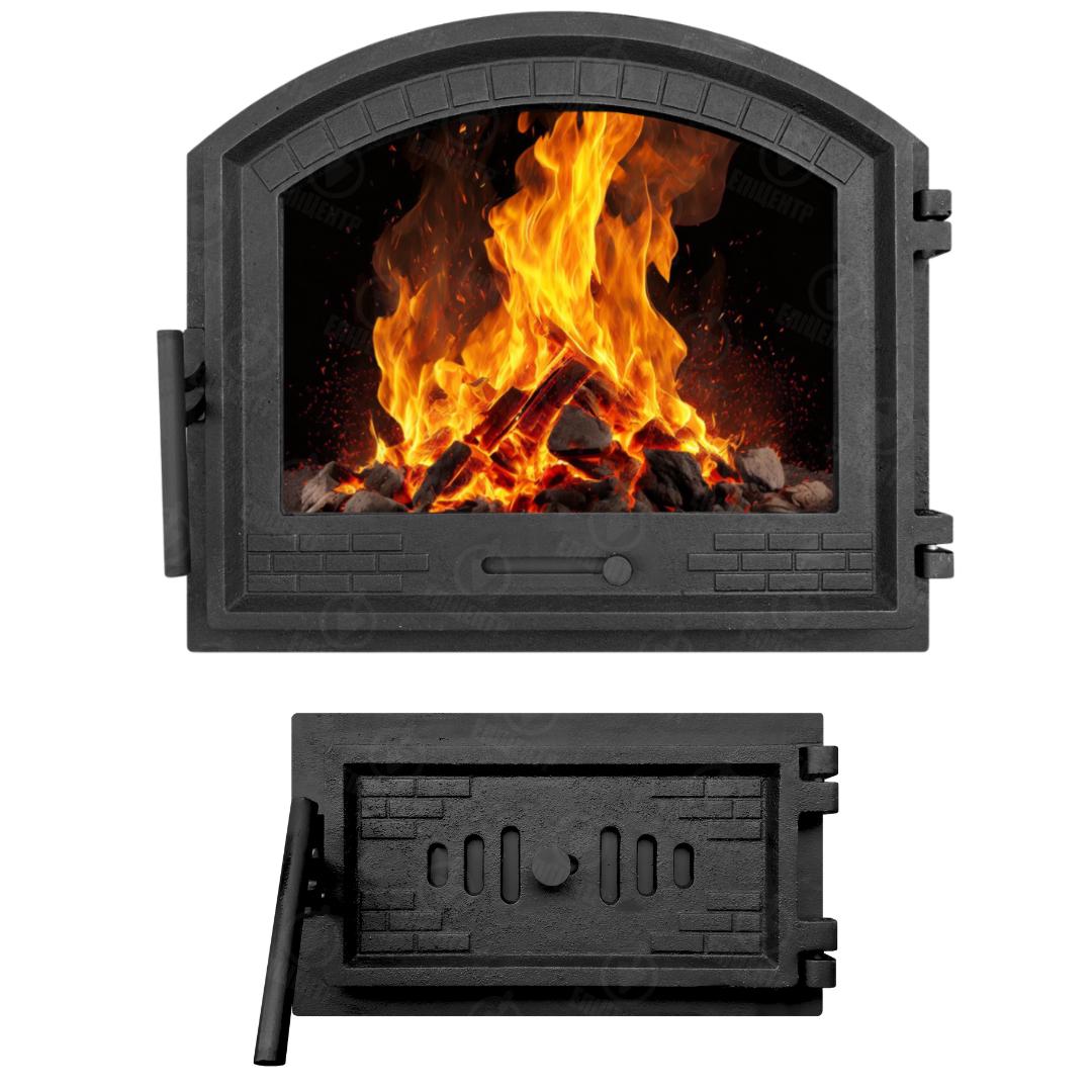 Комплект чавунних дверцят с регулятором тяги замкова зі вогнетривким склом 490x420 мм/піддувальна с регулятором тяги замкова 330x190 мм