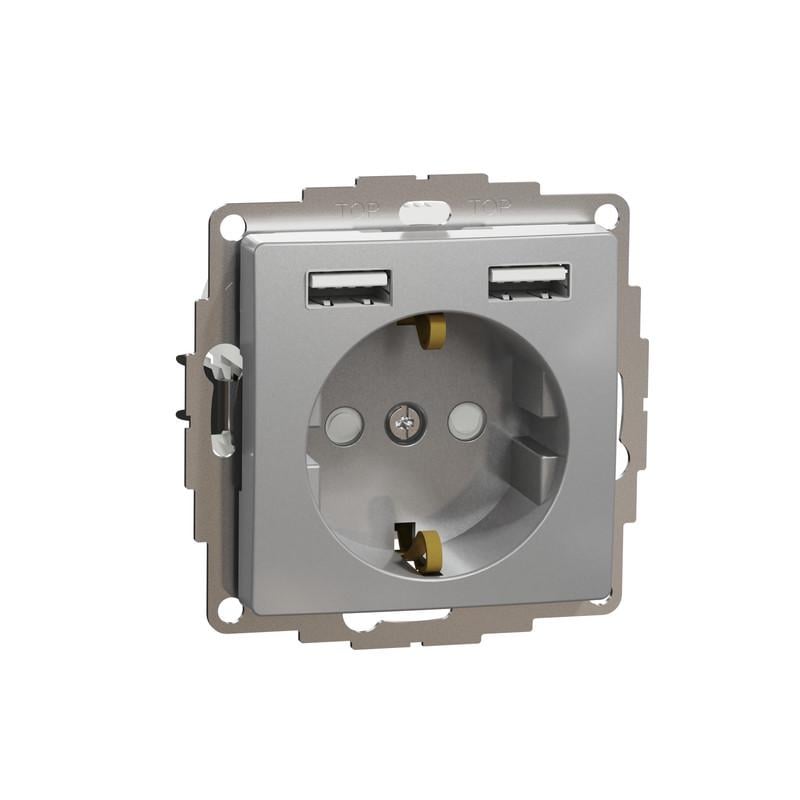 Розетка Schneider Electric PC Sedna Design&Element с заземлением 2USB тип А Алюминий (SDD113052)