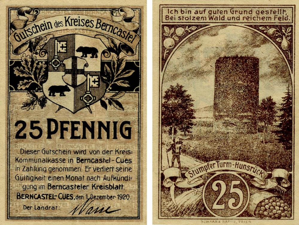 Коллекционная банкнота Германия Нотгельд 25 пфеннигов 1920 F-VF Бернкастель-Кус (Б18575)
