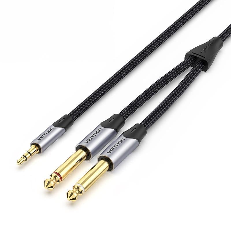 Кабель Vention 2м 2x 6,5 мм Jack-3,5 мм minijack HiFi AUX на 6.35 мм TRS L/R Канали TS 1/4" на TRS 1/8" в нейлоновій оплітці Чорний (BARHH)